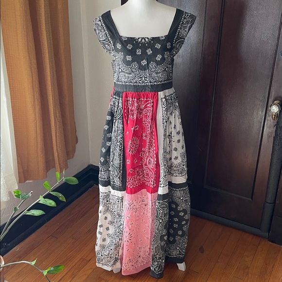 Handmade Patchwork Bandana Maxi Dress Boho Square Neck - Picture 1 of 4